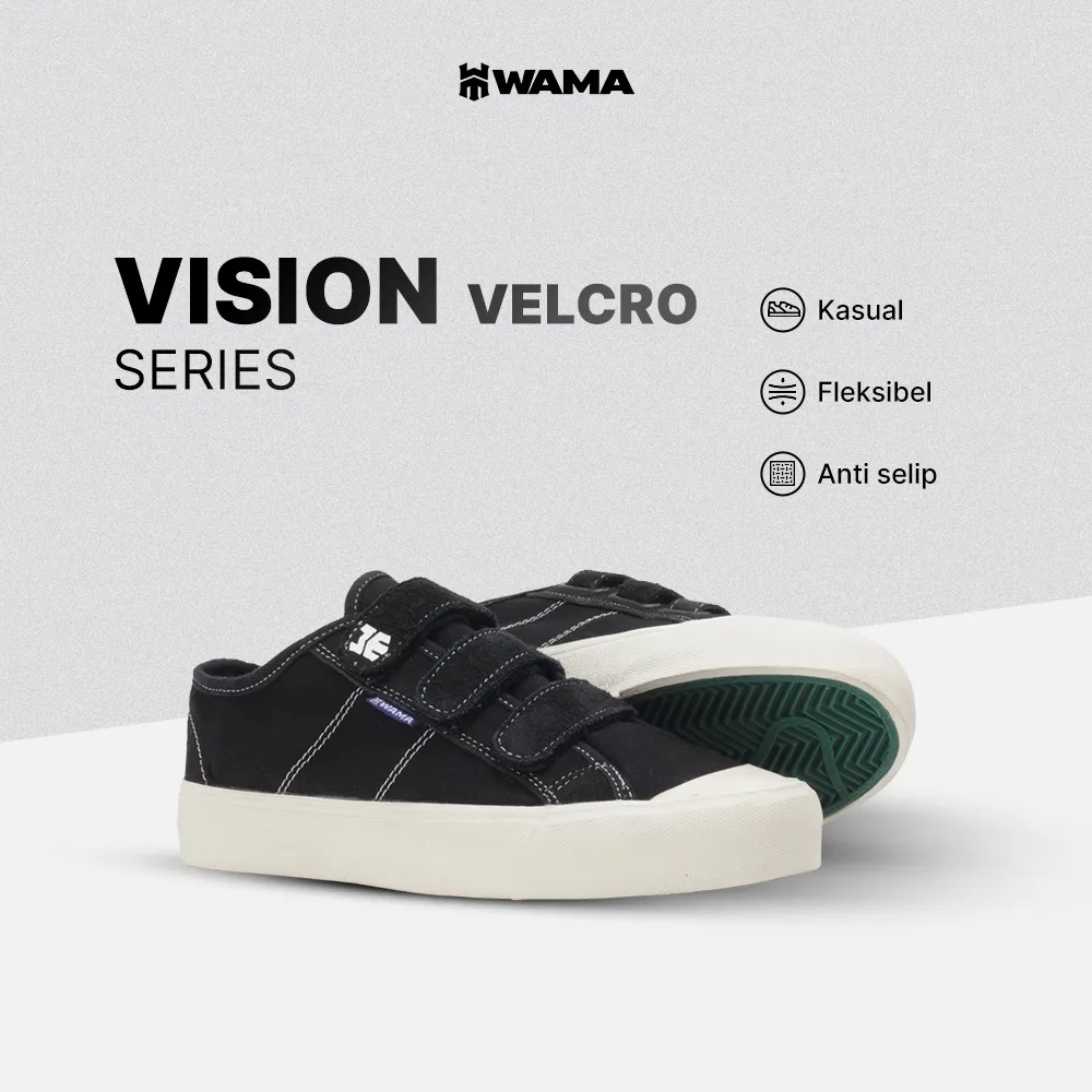 WAMA - Vision Low Velcro | Sneakers Casual - Sepatu Sneakers Casual Hitam Unisex Brand Lokal Vulcanized - Anti Slip