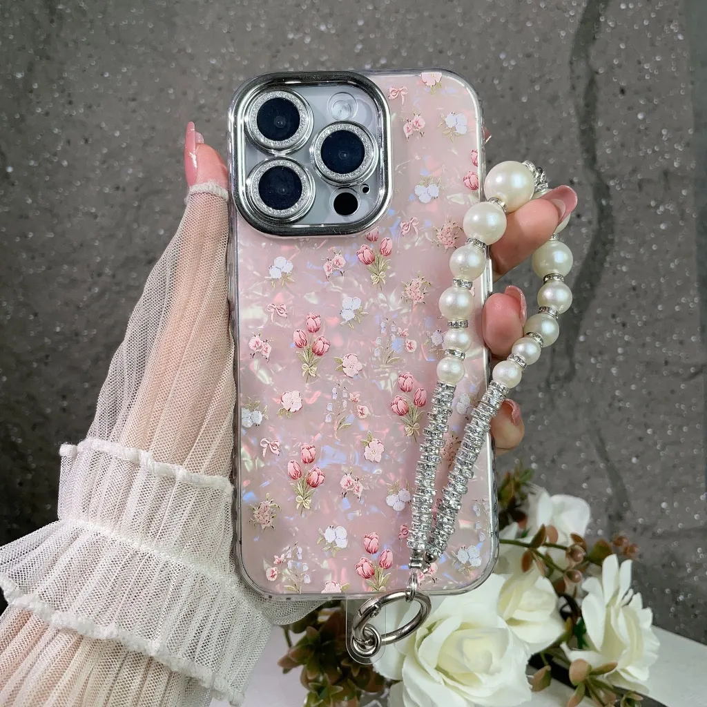 【Case+Chain】 Flower Glossy Case Compatibel For iPhone11xr iPhone7/8/se2/se3 7plus/8plus xs 12mini 15plus 14/14promax 13 Transparan Protection Soft Case BKW0001 BKW0002