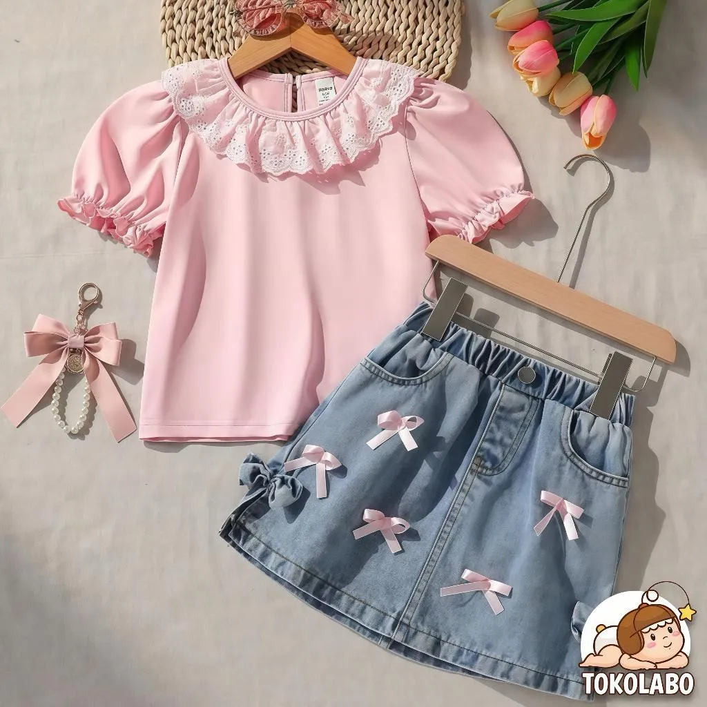 Tokolabo - Setelan Anak Perempuan Cantik Baju Renda Rok Denim Motif Pita Kekinian 1-5 Tahun