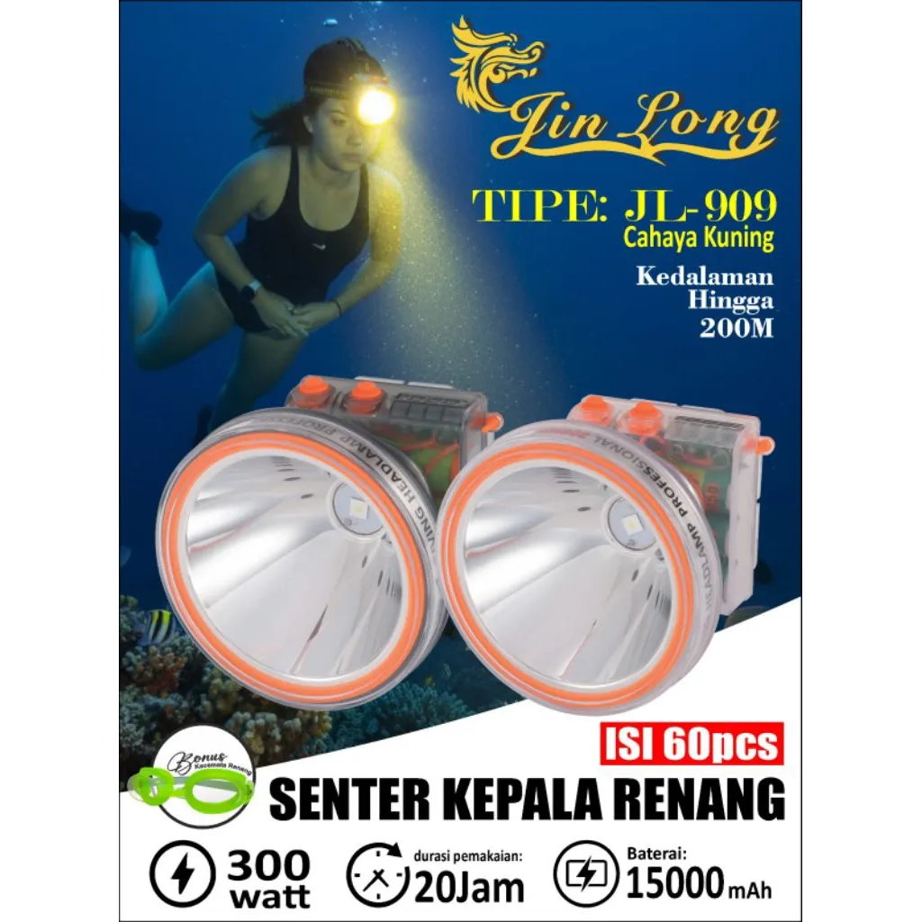 SENTER KEPALA SELAM LED LASER BODY TRANSPARAN JIN LONG JL-909 300WATT