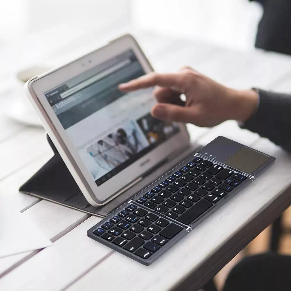 Alat Ketik Keyboard Wireless Lipat 3 Mini Kecil Untuk Smartphone HandPhone HP Phone Tablet PC Laptop PC Foldable Slim Trifold Portable Bluetooth iOS Android Windows with Touchpad Mouse Rechargeable Aluminium B033