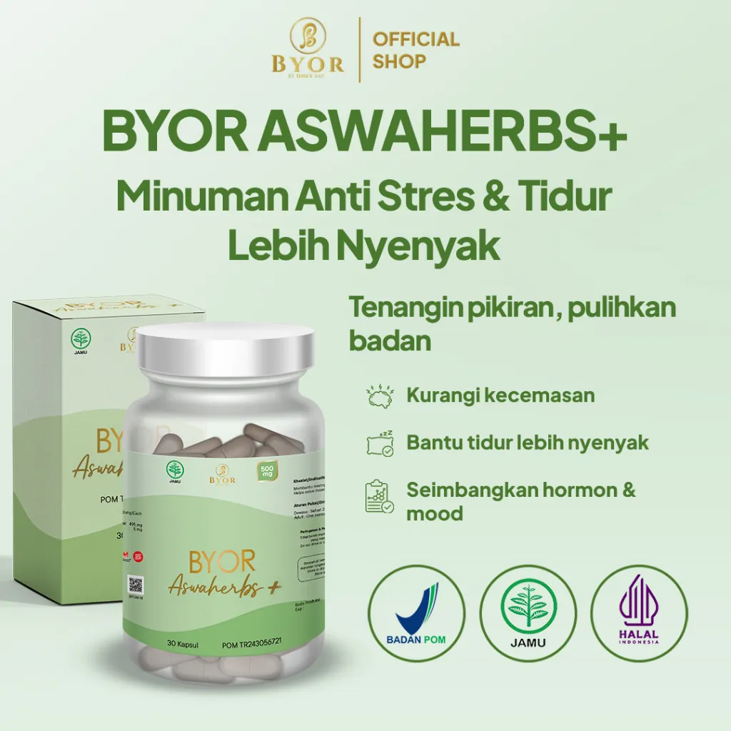 Byor Aswaherbs - Suplemen Herbal Alami Ektrak Ashwaganda BPOM - Mengatasi Stress dan Menjaga Kualitas Tidur