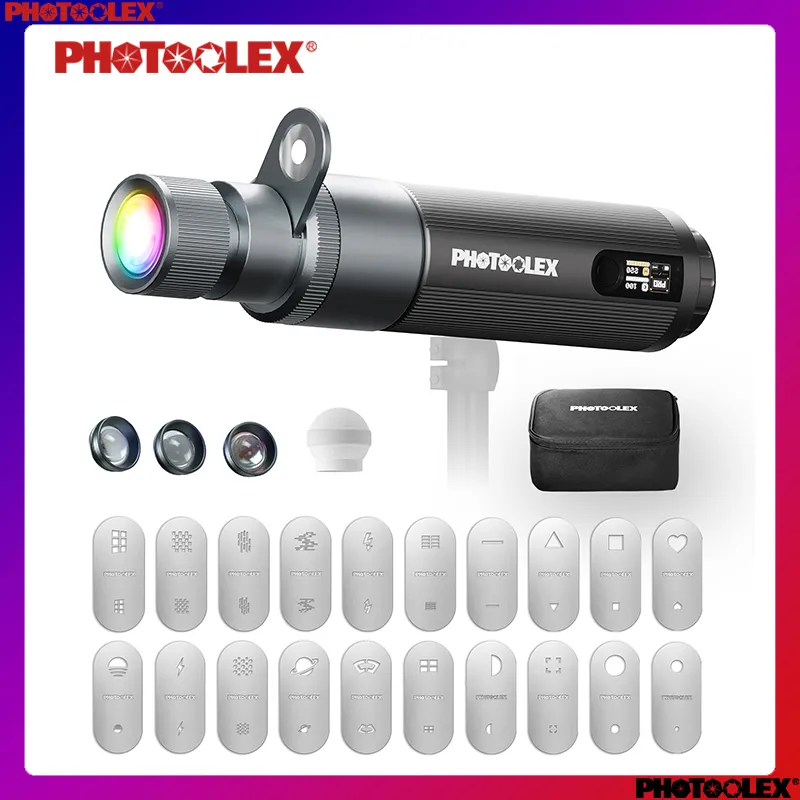 PHOTOOLEX Resmi Set Kombinasi Lampu Zoom Portabel Pro,RGB, 12W, 9000mAh,3 jenis lensa,20 lembar gobo