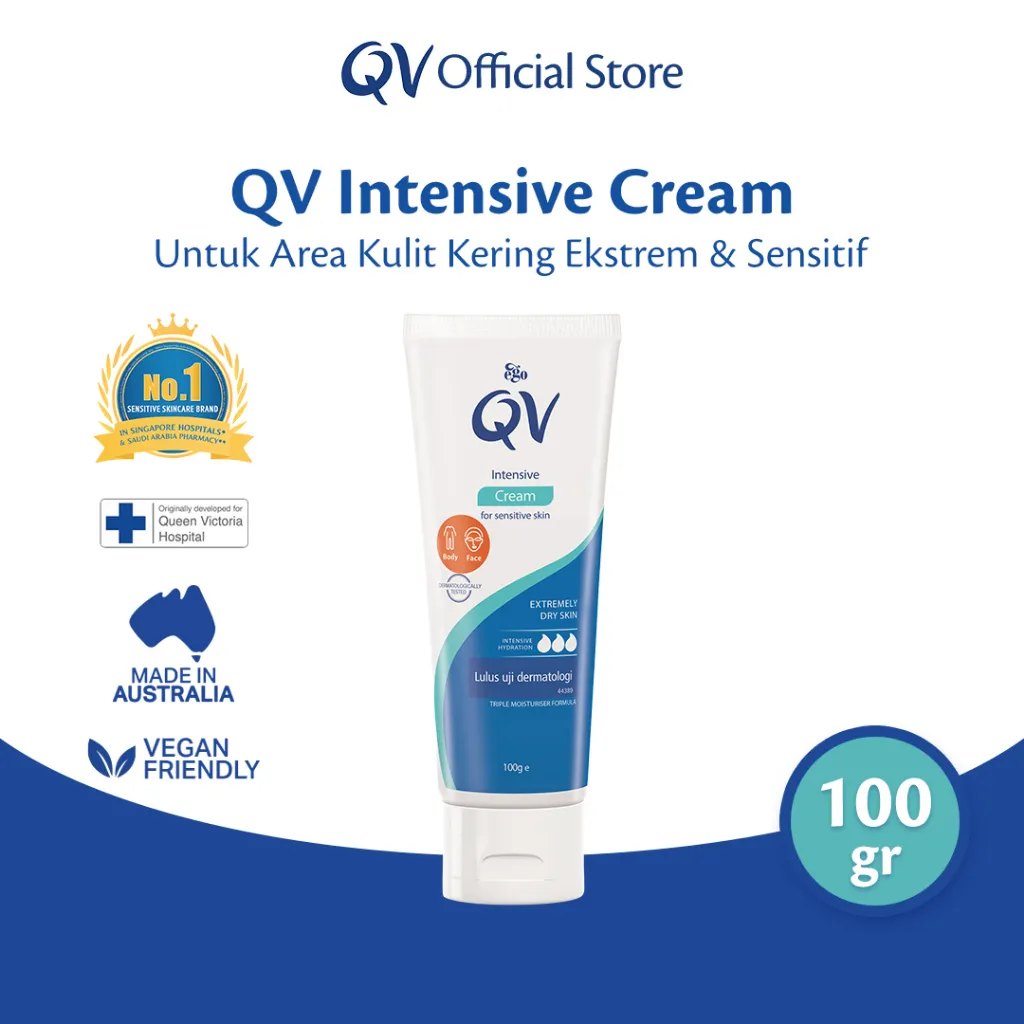 QV Intensive Cream 100g untuk kulit kering ekstrem dengan hidrasi intensif. Dengan Glycerin, Petrolatum, Paraffinum Liquidum, Dimethicon. Tanpa tambahan pewangi, pewarna, pengawet dengan triple moisturiser