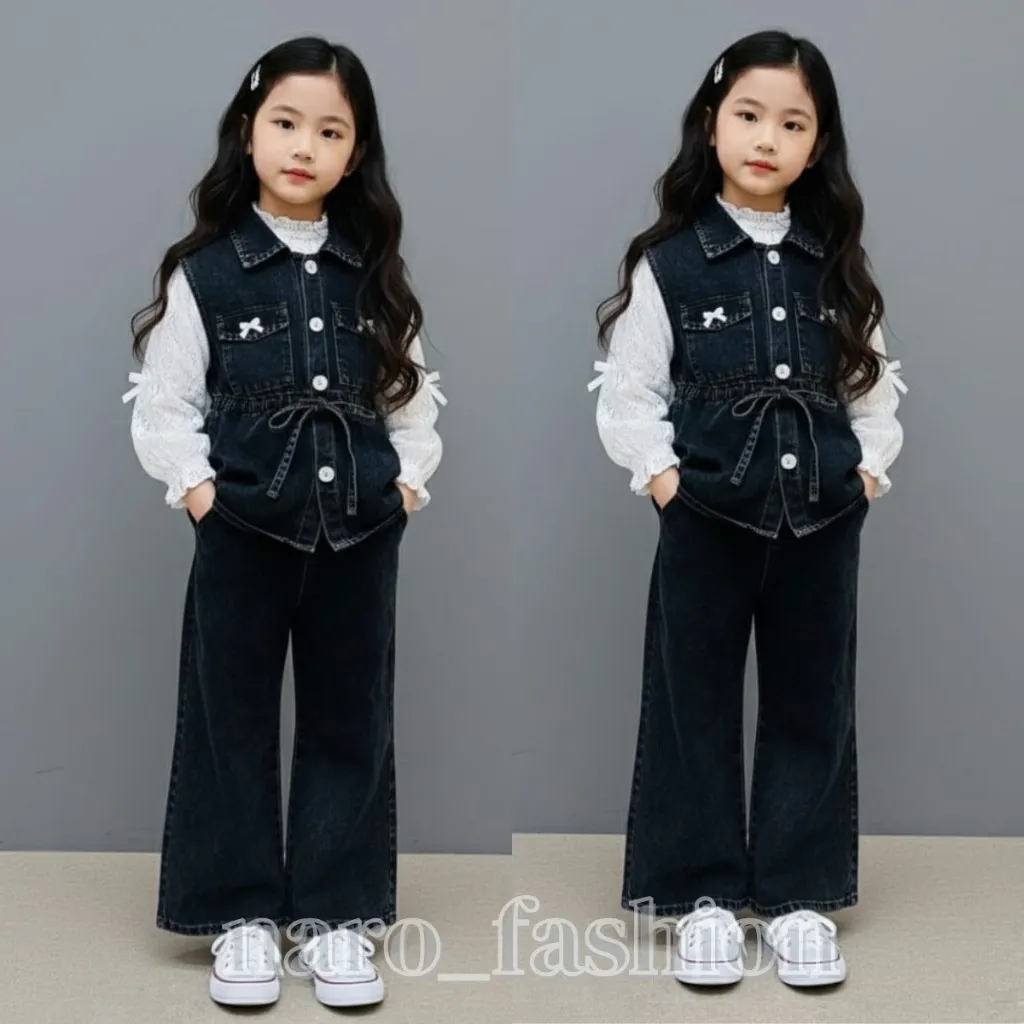 Setelan Anak Perempuan import Korean Style terbaru 2026 set anak tanggung cute premium-Setelan Rompi Viral Anak Perempuan Jeans Mix Bordir Premium Usia 3-10 Tahun  Fashion