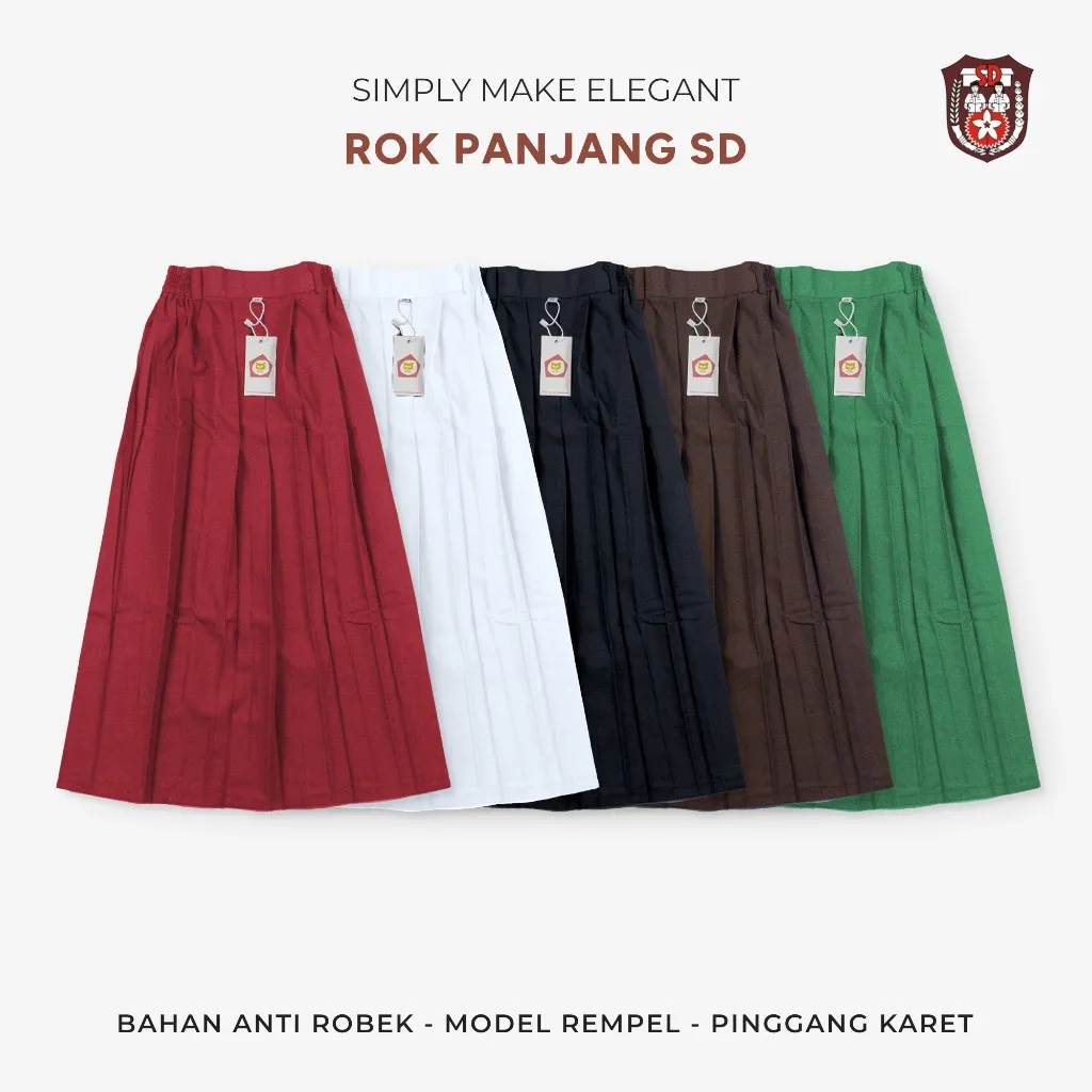 Rok Panjang Seragam Sekolah SD Rempel Pinggang Karet Bahan Vimatex Merah Putih Coklat Hitam Hijau Kelas 1-6 SD SME