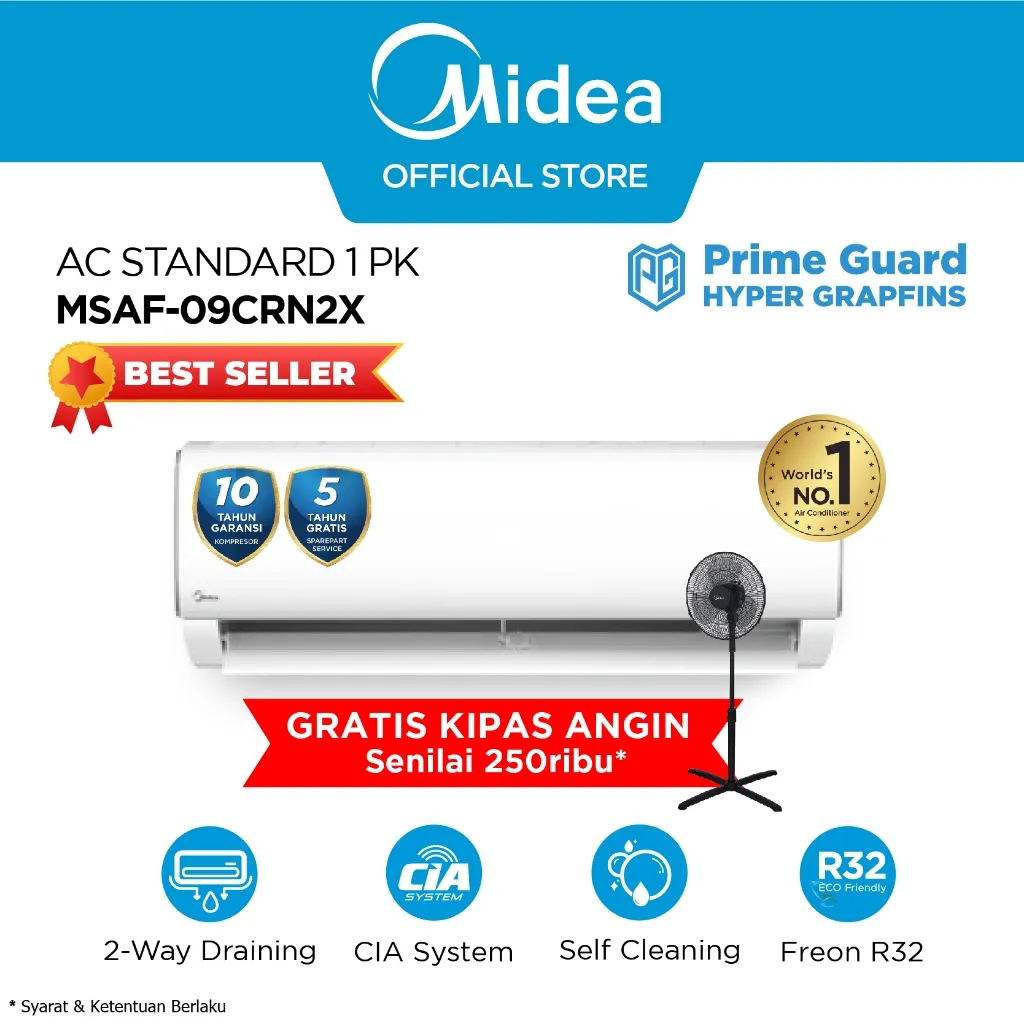 Midea AC Standard 1 PK R32 Series MSAF-09CRN2X Prime Guard Hyper Graphins Cepat Dingin (Unit Indoor & Outdoor)