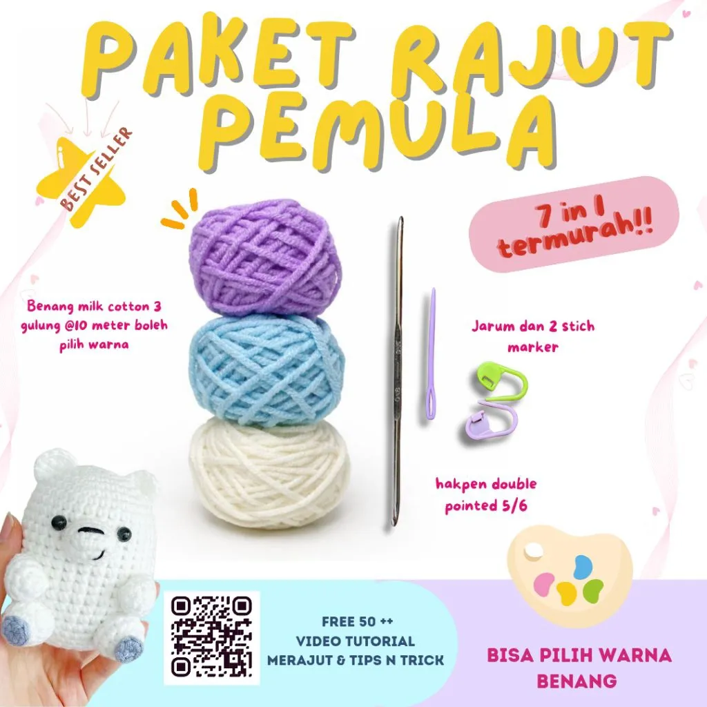 [TERMURAH] READY PAKET ALAT RAJUT PEMULA FRIENDLY 7 IN 1 EKONOMIS/STARTERKIT/DIY MERAJUT + BENANG MILK COTTON BISA PILIH WARNA