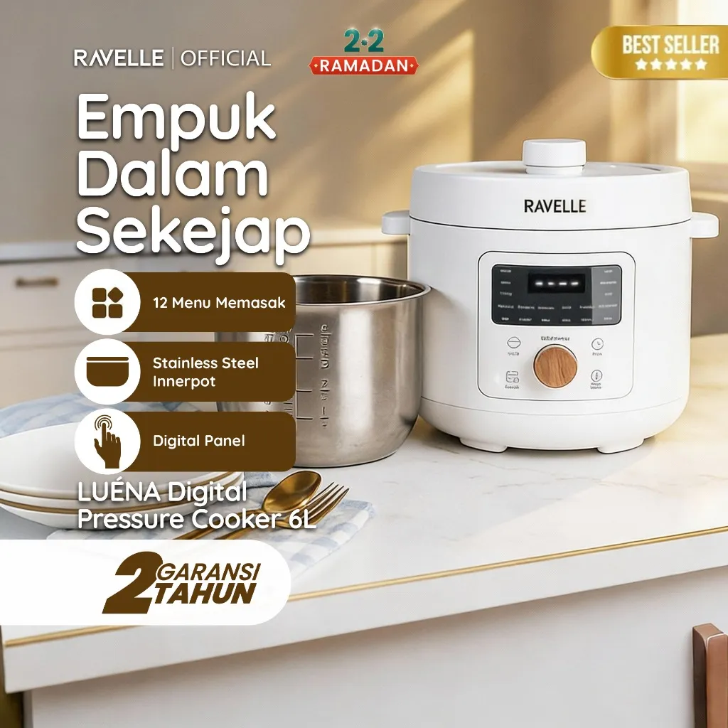 Ravelle Digital Pressure Cooker 6L Panci Presto Digital 800W Full Digital SS304 12 Menu Timer 24 Jam