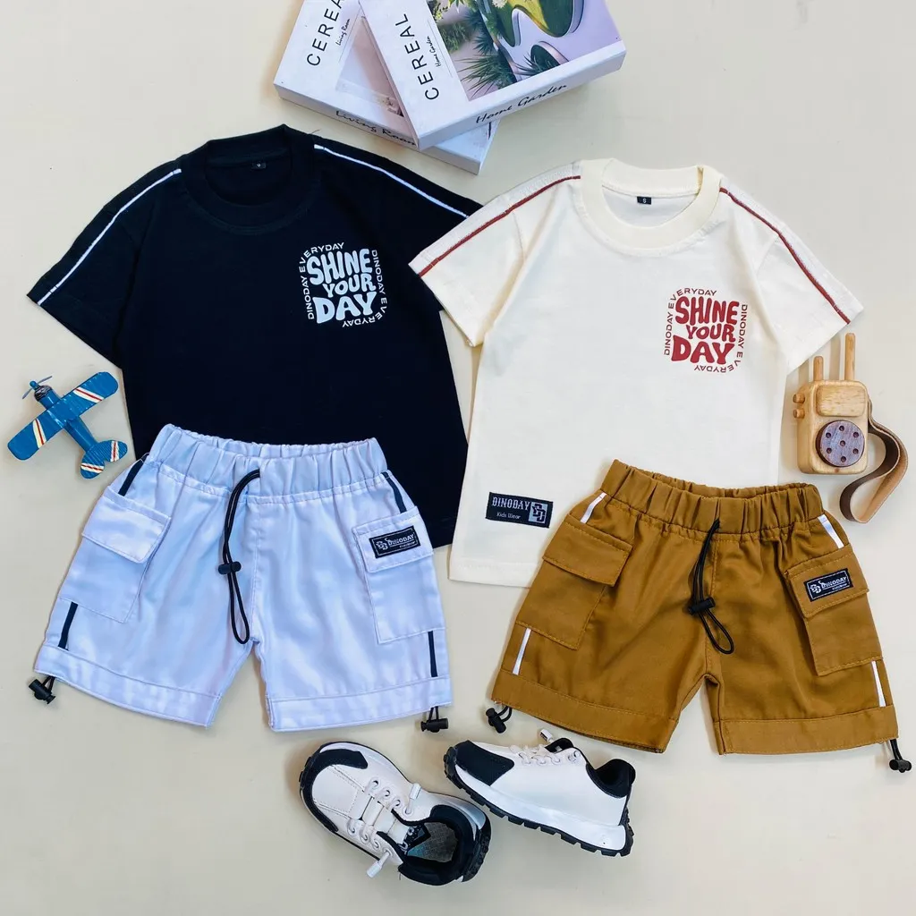 ESTISHOP X DINODAY Setelan Anak Laki Laki Perempuan Baju Kaos Distro Shine Your Day Celana Cargo