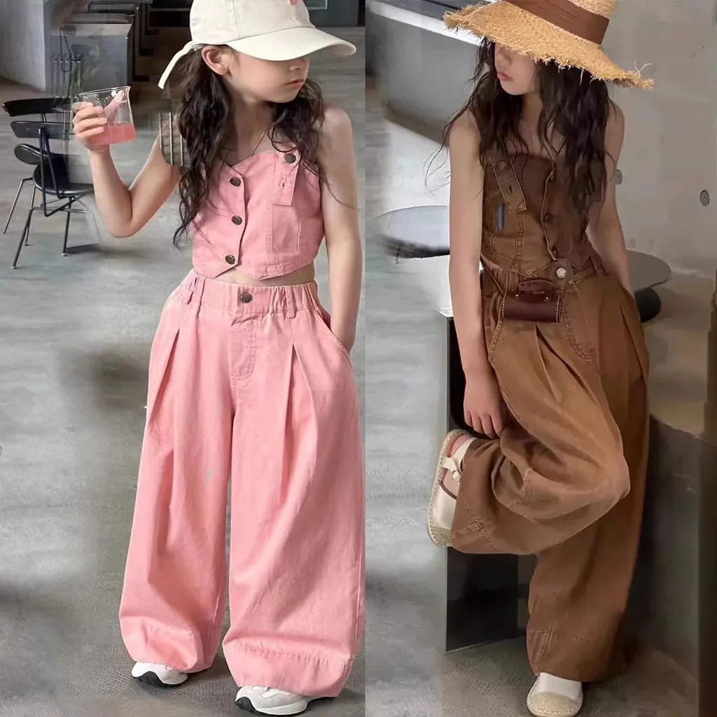 [363743] - Oneset Setelan Jeans Baju Atasan Crop Top Bawahan Celana Kulot Panjang Wide Leg Fashion Anak Perempuan Cewek - Motif Casual Plain
