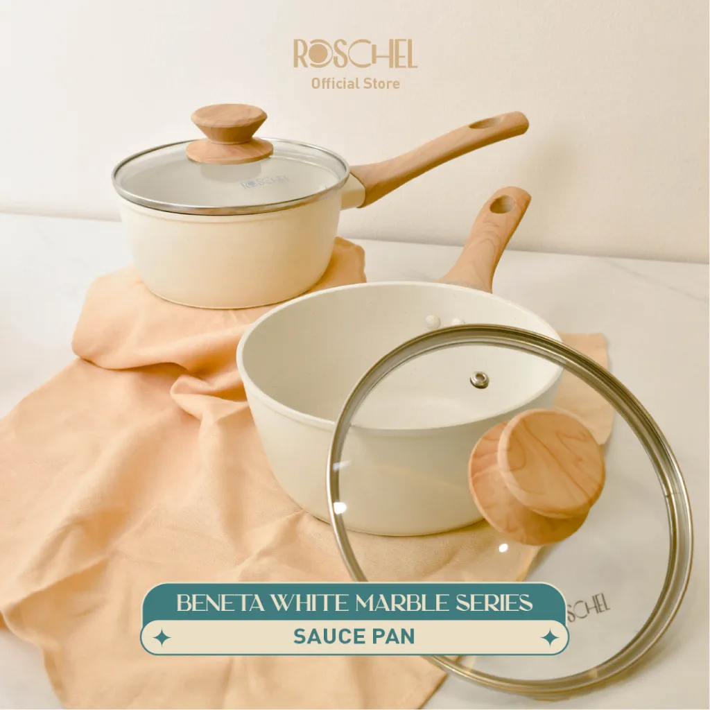 Roschel Beneta White Marble Coating Non-Stick Saucepan 16 , 18 cm + Tutup Kaca Panci Susu Anti Lengket Sauce Pan Panci Wajan Penggorengan Anti Lengket Induksi Putih
