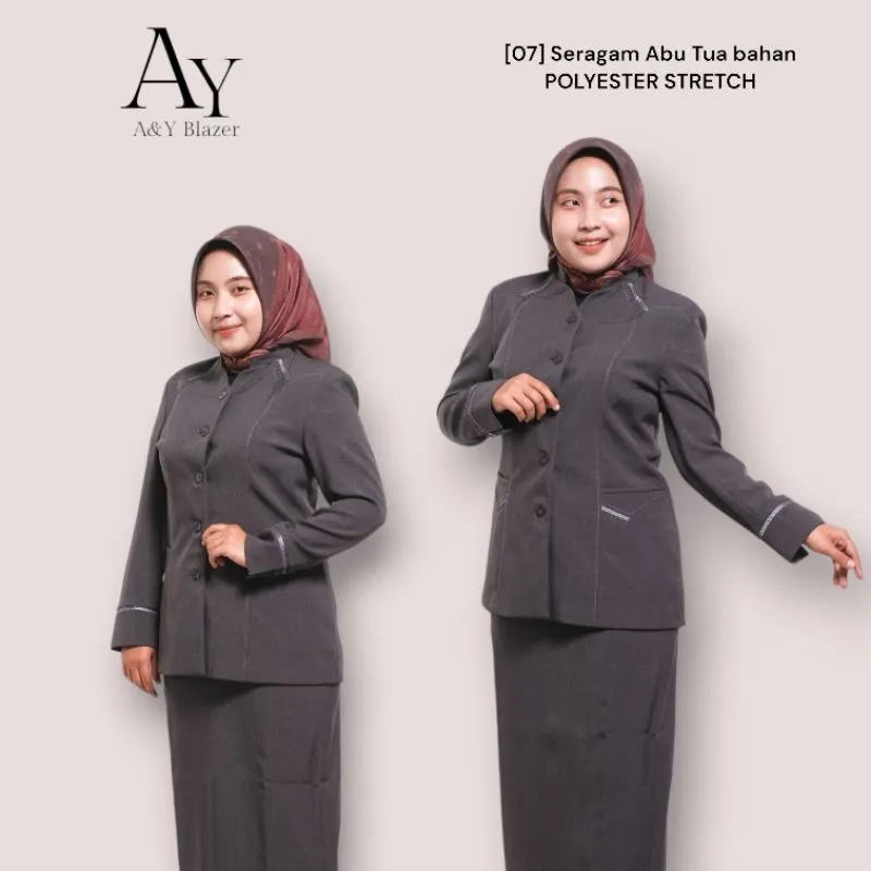 [07] A&Y Blazer Baju Seragam PDH Guru / PNS Wanita Warna ABU TUA Bahan Polyester Stretch | Seragam Kerja Dinas PDH  Wanita terbaru