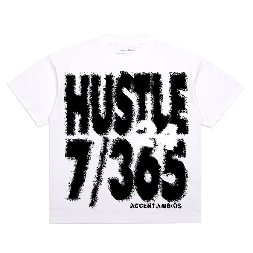 AccentAmbios Boxy Oversized Tshirt Hustle 365/7 White Unisex - Cotton Combed 20s