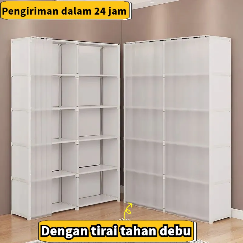 [Pengiriman cepat][Dengan tirai anti debu] Rak penyimpanan rak buku kamar tidur multi-lapis Lemari dengan tirai tahan debu