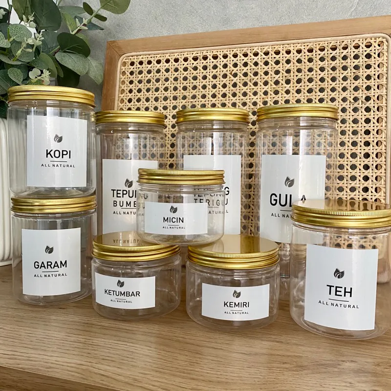 (Promo Free Sendok) Paket Hemat 9 Toples Bumbu Dapur Tutup Alumnunium Gold Free Stiker Vinyl