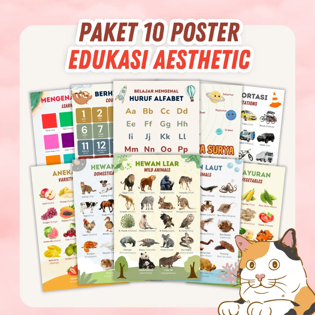 Paket 10 Poster Edukasi Anak – Belajar Angka, Abjad, Hewan, Tata Surya, Sayuran, Buah, Warna, dan Transportasi