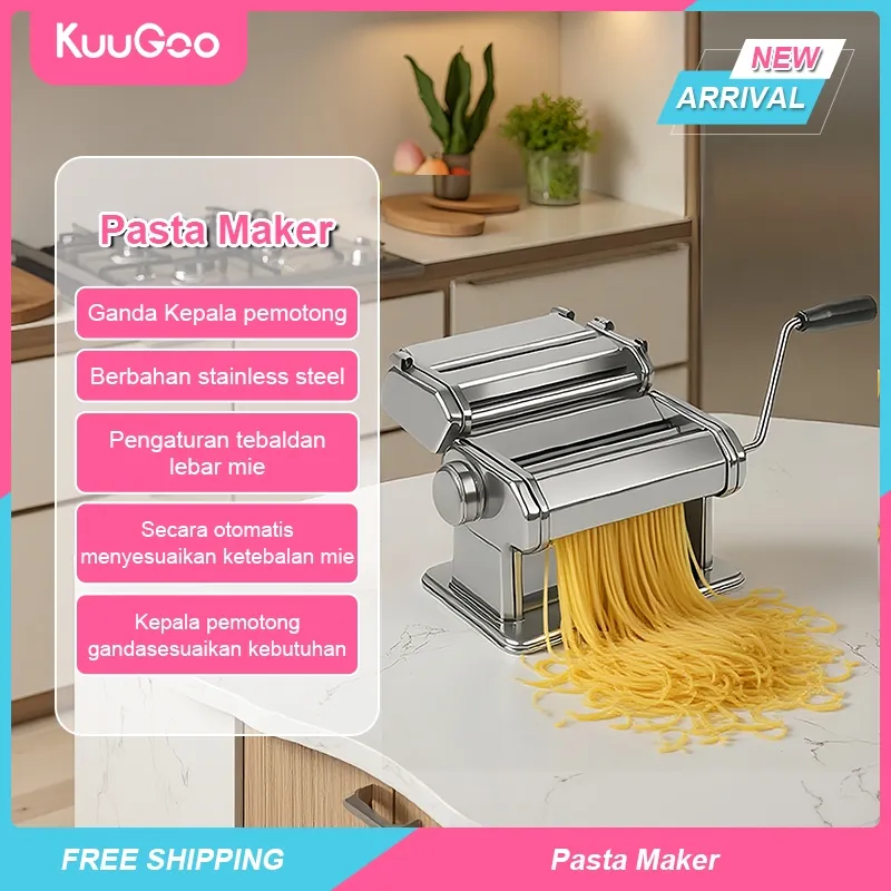 KUUGOO Mesin mie Penggiling mie Gilingan Mie Pasta Molen Kulit Pangsit Stainless Steel A-905 | Pasta Maker Tahan Karat & Anti Gores + Hadiah gratis