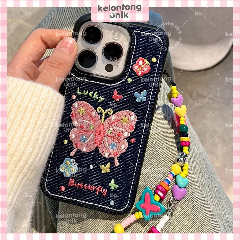 KELONTONG UNIK | Lucky Butterfly Jeans Denim Case - Hardcase/ Casing HP for iPhone XR 11 12 13 14 15 16 17 PRO PROMAX PLUS ,CISJ