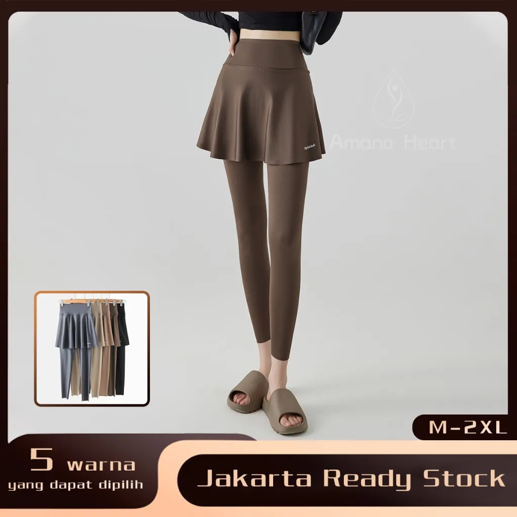 【Amanoheart】2in1 Hitam Legging Celana Olahraga Wanita Rok Celana skirt Hijab Sport High Waist Polos Yoga Dua lapis gym tennis Running Celana panjang wanita kelas atas celana panjang yoga pants