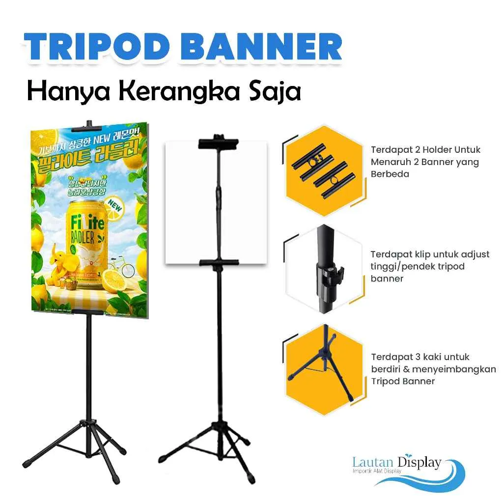 Tripod Standing Banner 2 Sisi Dudukan Display Signage Stand T Baner Poster Tiang Berdiri Besi 2 Meter (HANYA RANGKA)