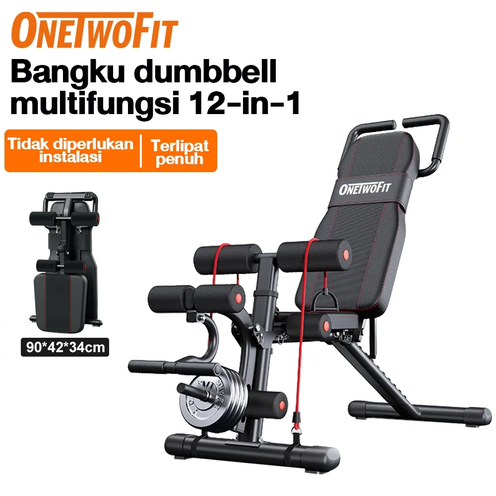 OneTwoFit Bangku Dumbbell Multifungsi 12-in-1 Tidak Perlu Instalasi Lipat Penuh Kapasitas 200kg Penyesuaian 9 Tingkat Ketinggian Adjustable Foldable Weightlifting Bench Dumbbell Stool Home Fitness Kaki Kursi Otot