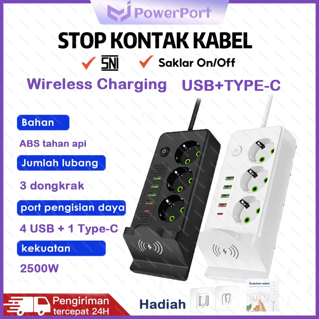 PowerPort 2500W Power Strip Power Socket Charger Stop Kontak Usb Charger 2Meter / Power Socket Charger 4USB + 3 colokan +Pengisian daya nirkabel