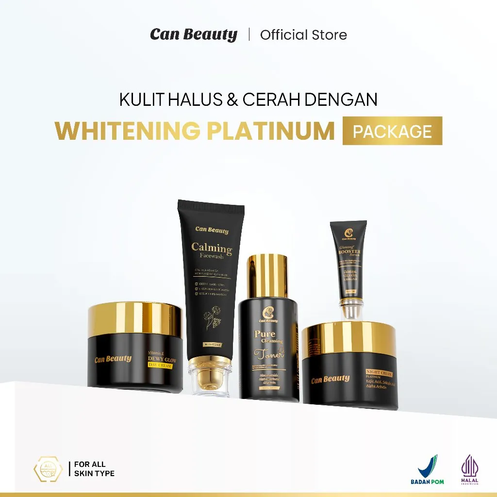 CAN BEAUTY Paket Whitening Platinum Mencerahkan Kulit Wajah Kusam - Facial Wash, Toner, Serum, Day & Night Cream Platinum
