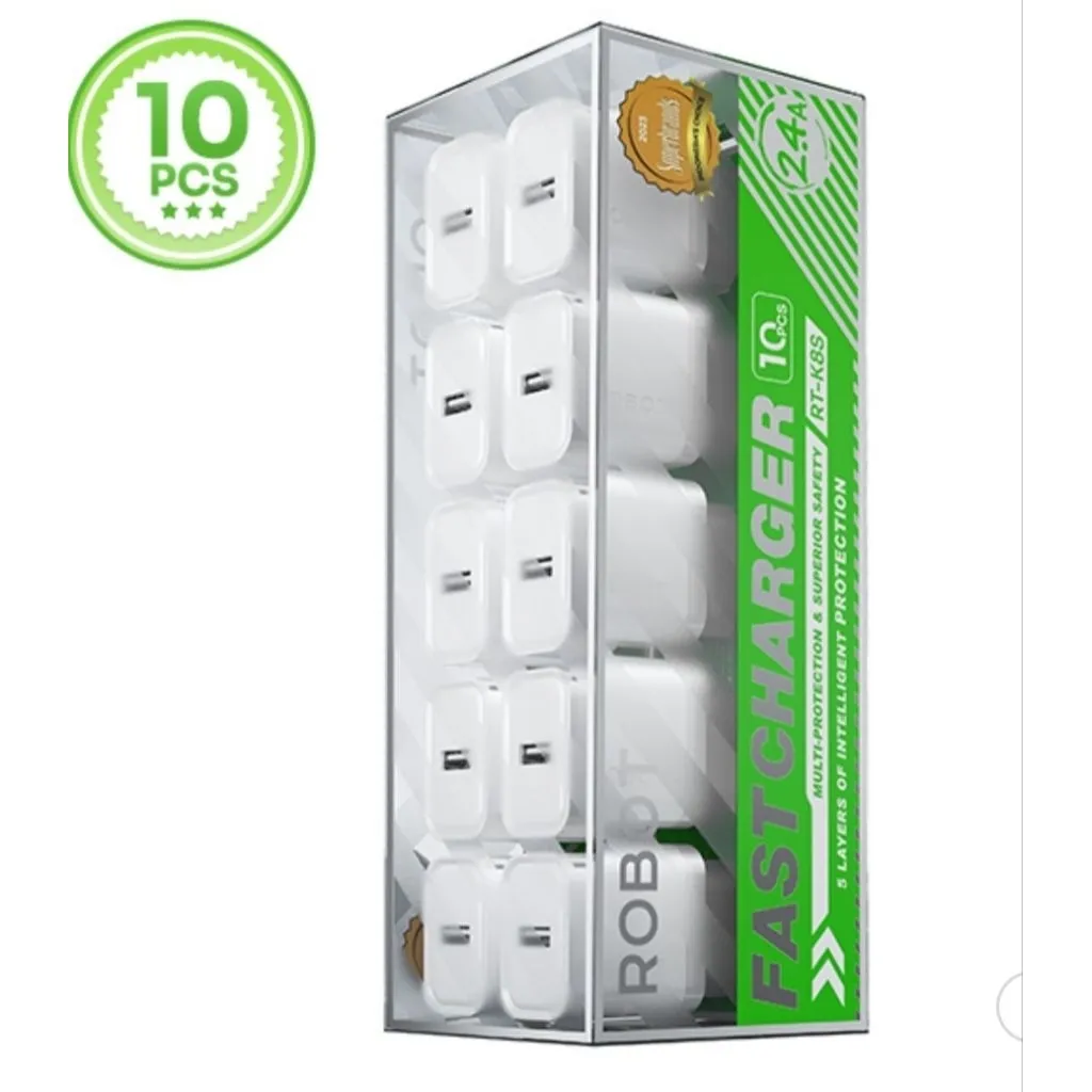 (K8= 1box isi 10 pcs ) ADAPTER CAS CHARGER ROBOT ORIGINAL  RT-K8 10W 2A Single USB Power Charger Small & Portable Transparent Boxed Charger RTK8