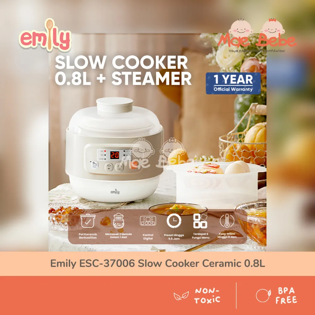 Emily ESC-37006 Slow Cooker Ceramic + Steamer 0.8L Keramik Alat Masak MPASI Anak Bayi