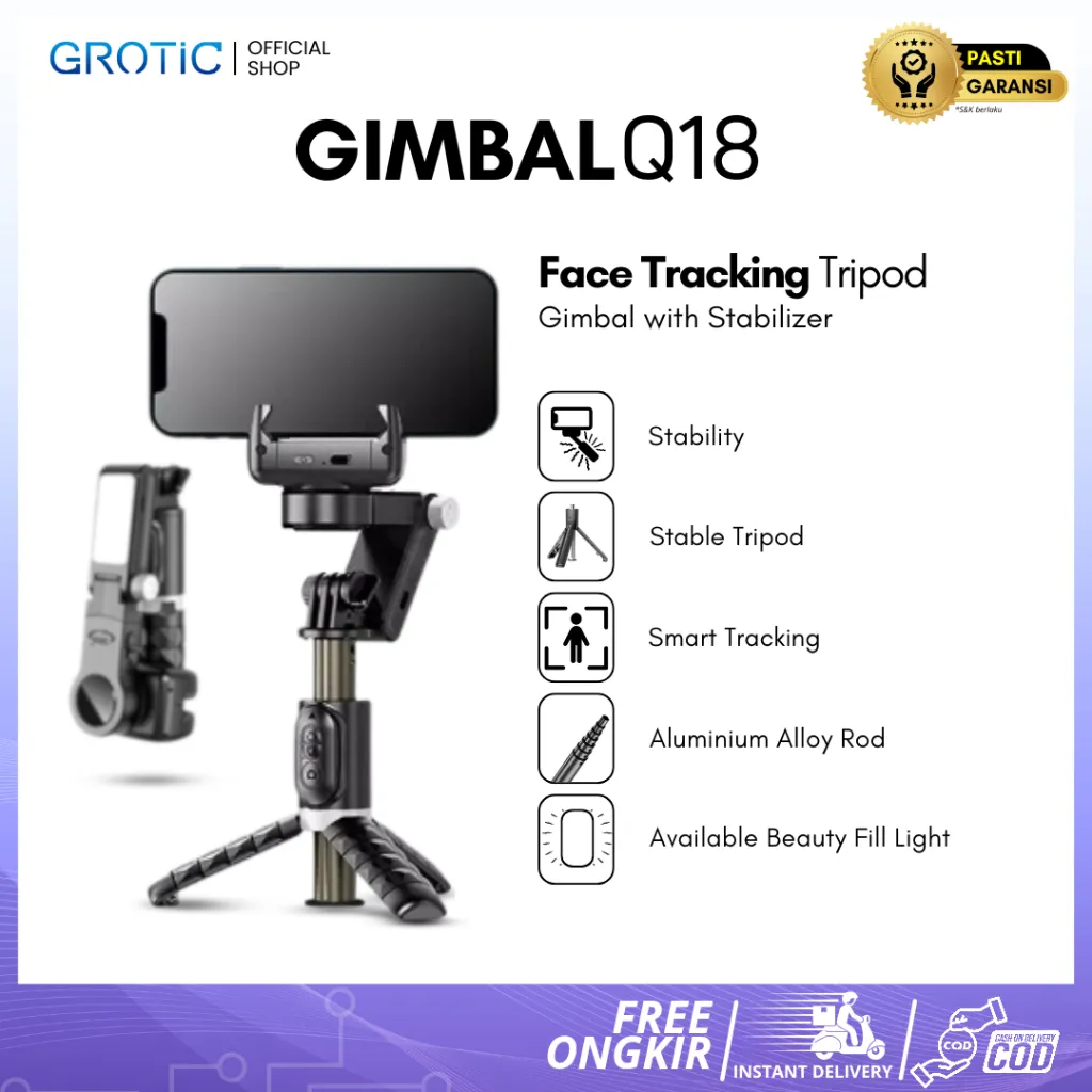 GROTIC Gimbal Stabilizer Handphone Tongsis Monopod Portable Auto Balance With Remote Bluetooth Q18