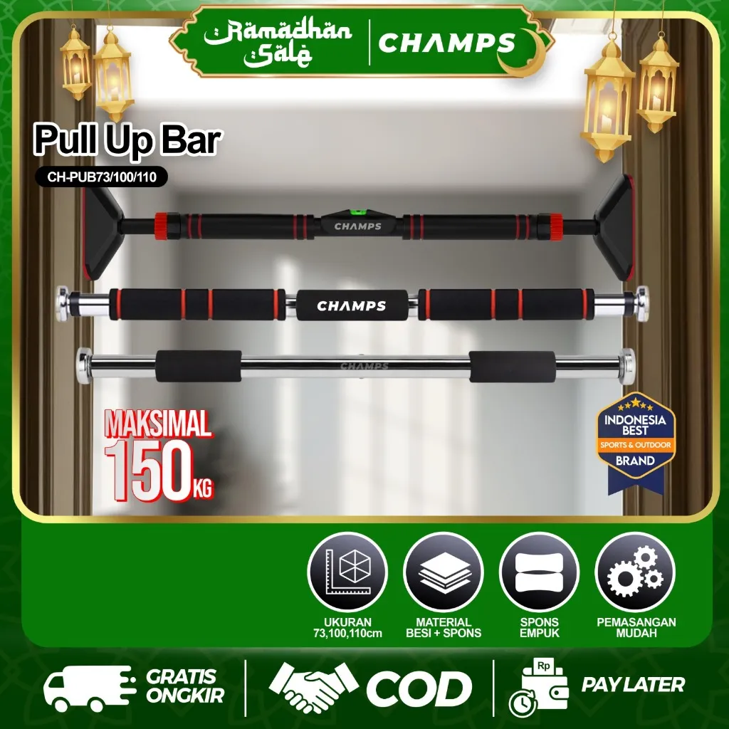 CHAMPS Pull Up Bar / Chin Up Bar Pintu – Alat Fitness Doorway Door Bar untuk Latihan & Pembentukan Otot di Rumah