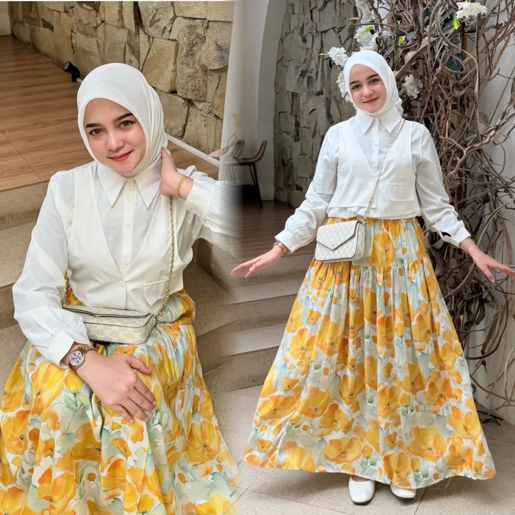 Rosella Rok Wanita Motif Bunga Warna Cerah Rample Floral Skirt Mayung lebar Bahan Rayon