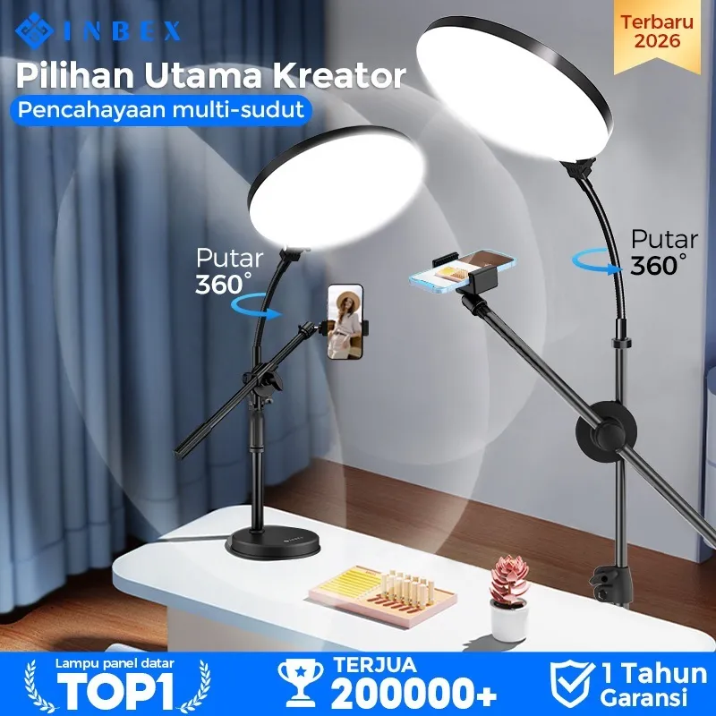 [Putar 360°]  INBEX IPL16 Light Bisa diputar 360° Tripod konten kreator ring light 12Inci 8Inci Lampu 3 Warna Bulat Panel Besar Lampu Video Livestreaming Studio
