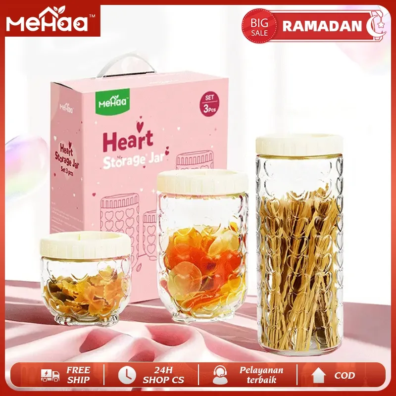 MeHaa set toples kaca 3in1 tutup silikon food grade kedap udara utk kopi/bumbu/obat