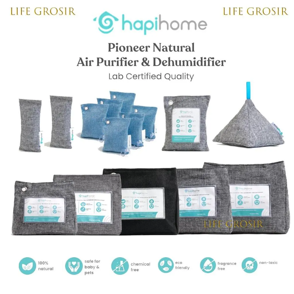 HAPIHOME NATURAL AIR PURIFIER DEHUMIDIFIER BAG PEMBERSIH UDARA ALAMI, PENYERAP LEMBAP DAN BAU BAMBOO CHARCOAL ARANG AKTIF DEHUMIDIFIER ORIGINAL 75GR 200GR 300GR 400GR 600GR