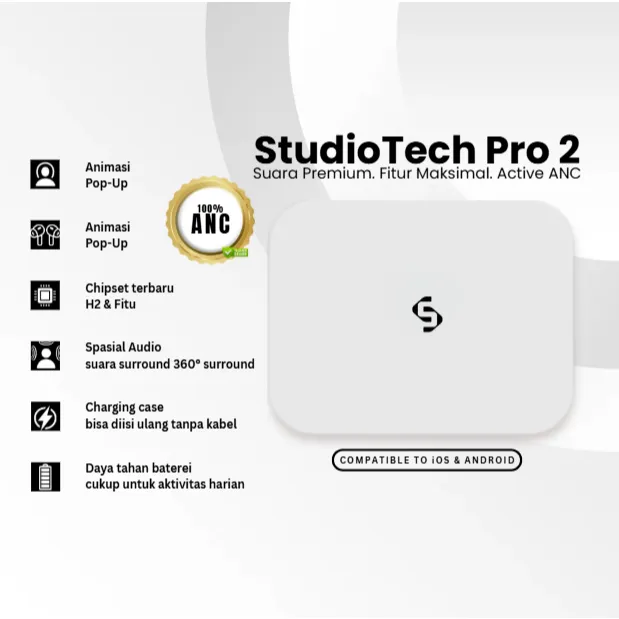 [FREE 1 CASE] StudioTech Pro 2 nd TWS Support ANC & Transperancy Headset/Earphone Bluetooth Premium with Sound Quality and Wireless Charging Case