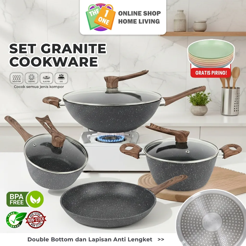 [FREE PIRING]  Panci Masak Set Lapisan Granit Anti Lengket Peralatan Masak Dapur Cocok Untuk Semua Kompor