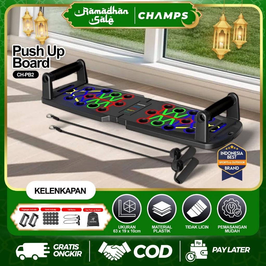 CHAMPS Push Up Board Lipat + Resistance Band – Alat Push Up Portable Multifungsi CH-PB2