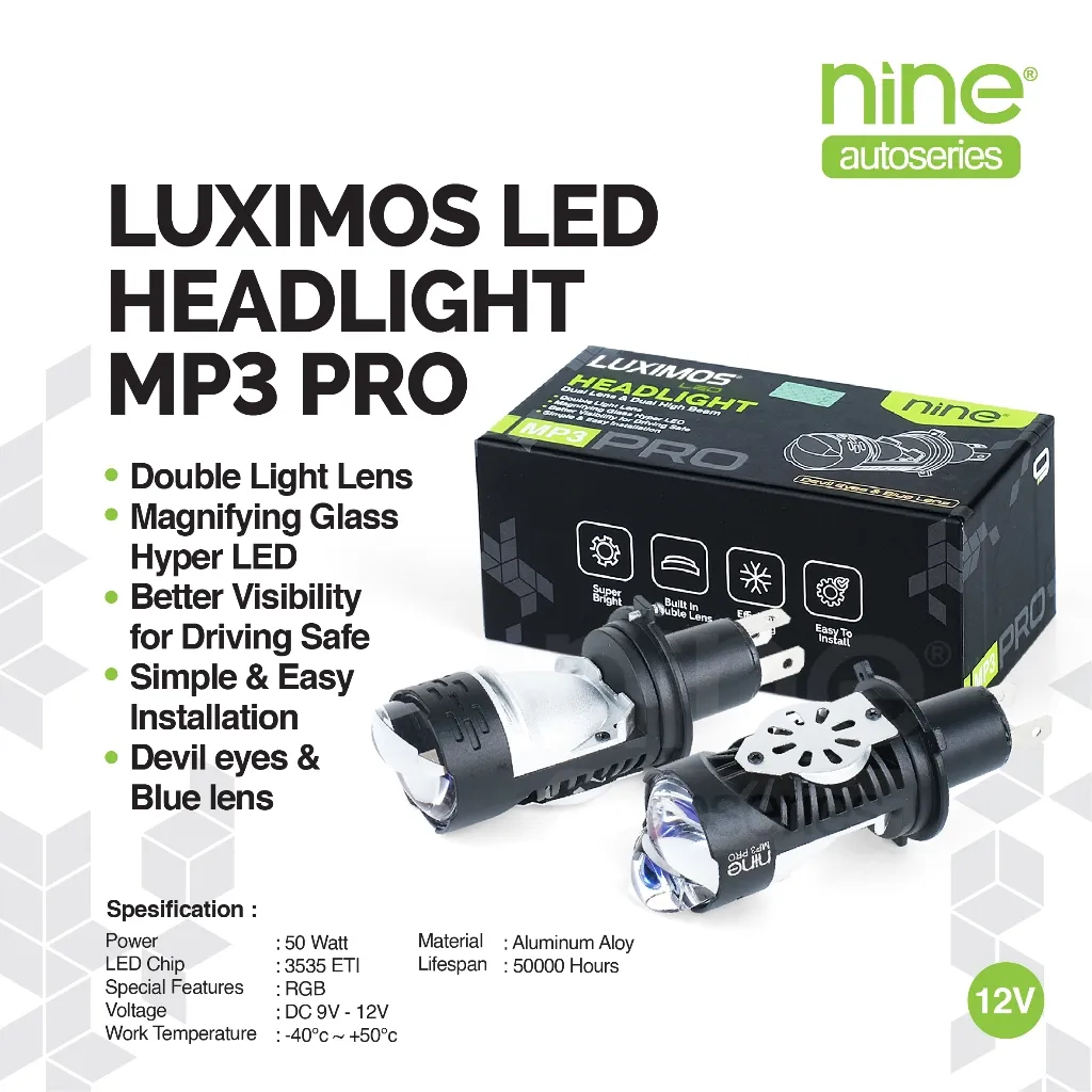 LUXIMOS Lampu Mini Biled Projie 50W H4 PNP Super Terang Projector Devil MP3 PRO - NINE AUTOSERIES
