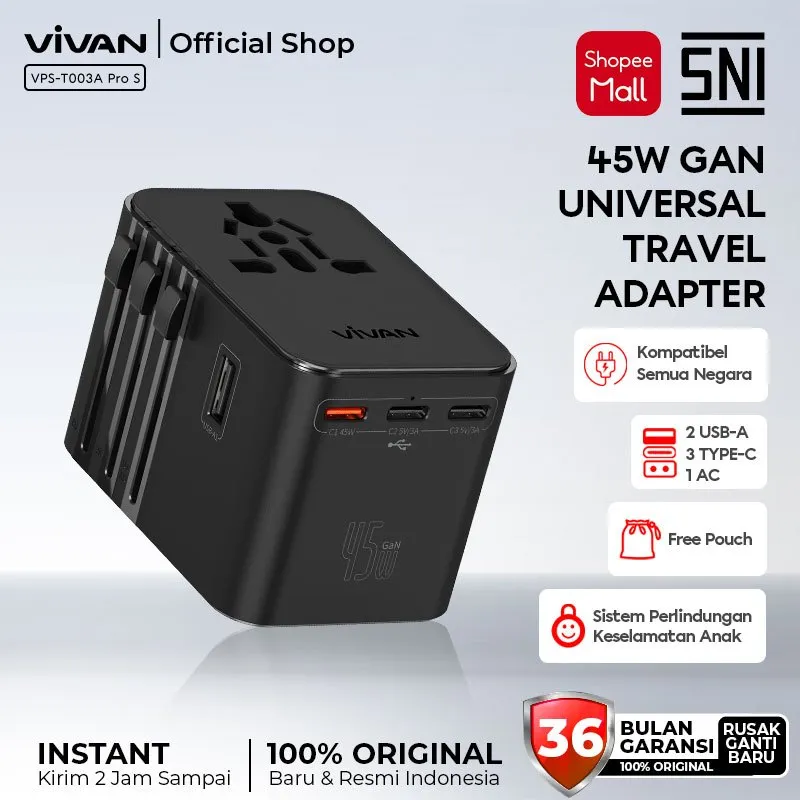 VIVAN Universal Travel Adaptor 45W GaN VPS-T003A Pro-S USB Type-C Multi-country SNI Garansi 36 Bulan