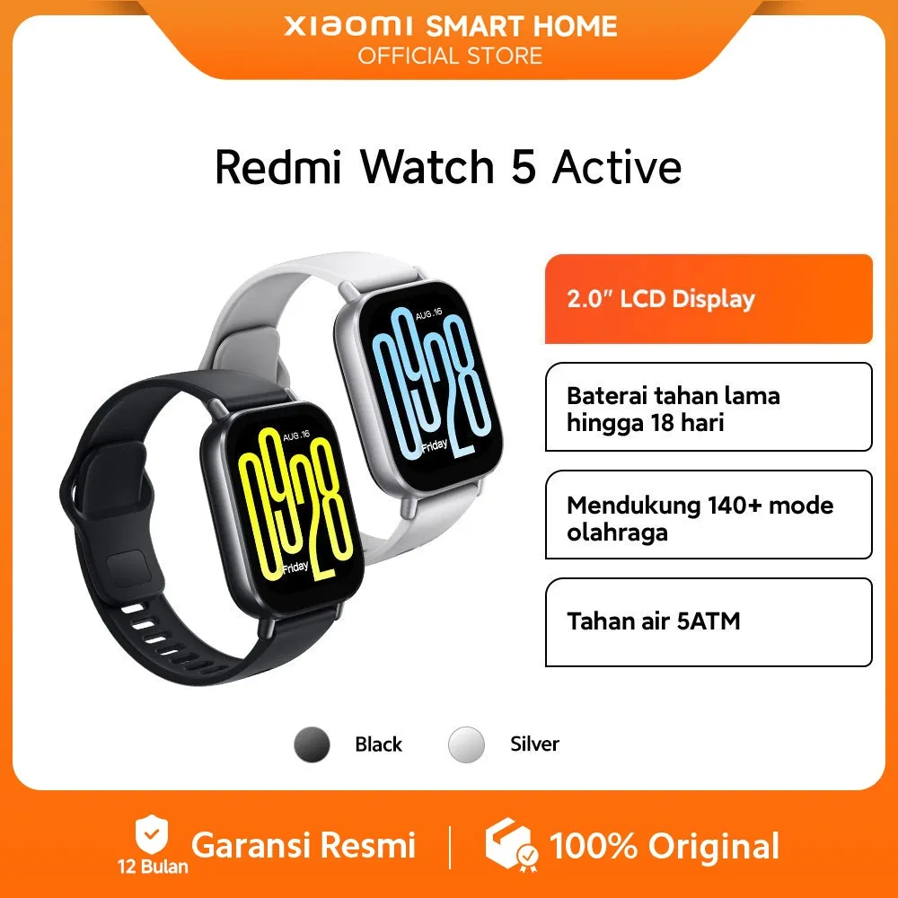 Xiaomi Redmi Watch 5 Active |  2.0" LCD Display | Mendukung 140+ mode olahraga | Tahan air 5ATM | Baterai tahan hingga 18 hari | Jam  tangan pintar [Official Store]