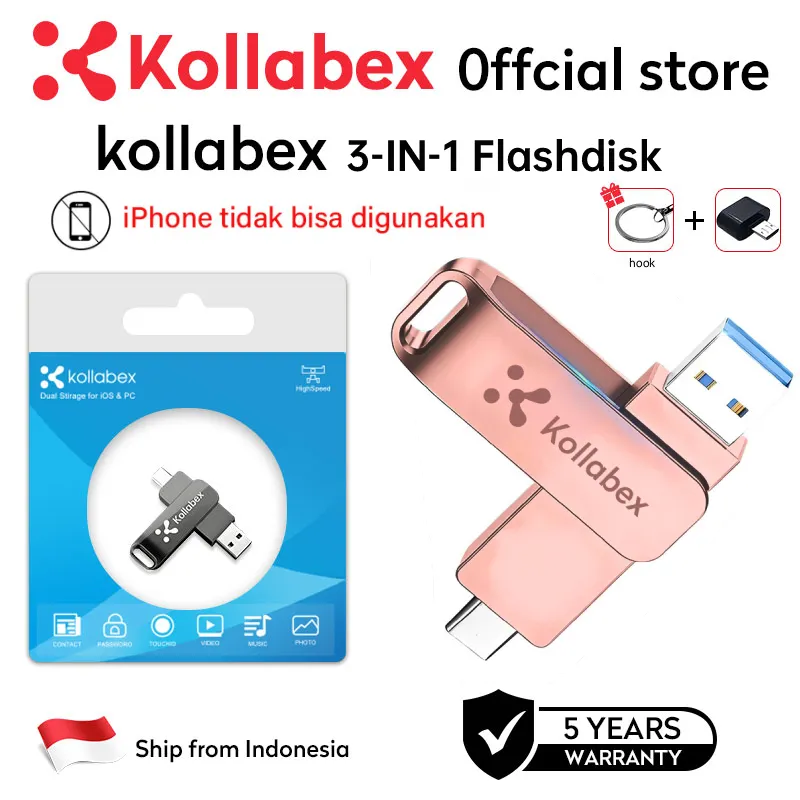 Kollabex Type-C Flashdisk 3 In1 USB 3.0 Kecepatan Tinggi, Driver Flash Logam OTG 1tb 2tb, USB Flash Drive Kustomisasi