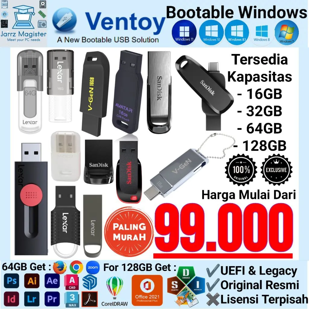 Flashdisk Bootable Windows 10 11 8.0 8.1 7 Via Ventoy Garansi Resmi | Flash drive | 16GB 128GB