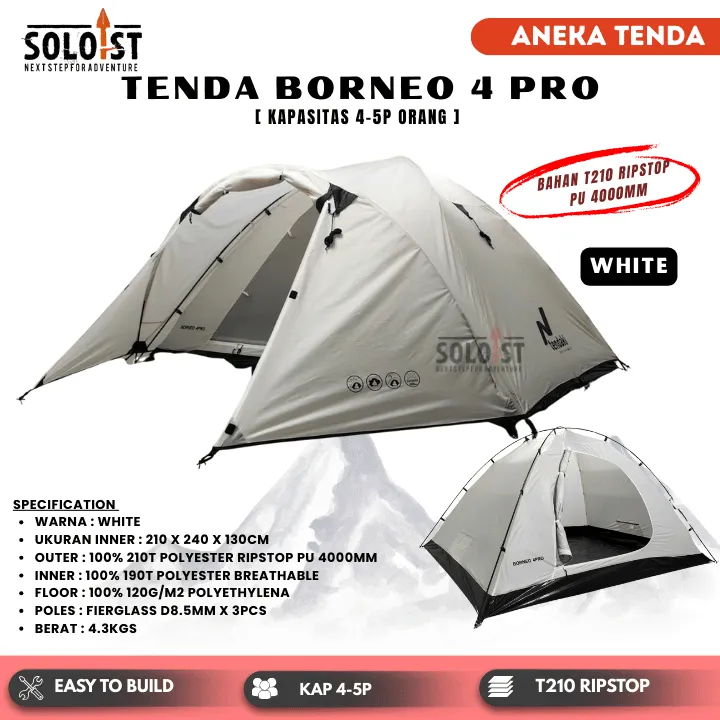 SOLOIST || Tenda Camping Borneo 4 Kapasitas 4-5 Orang | Tenda Camping Double Layer LWY Compass | Tenda Kemah Outdoor Kapasitas 2 Orang | Tenda Ultralight Frame Alloy LWY Compass