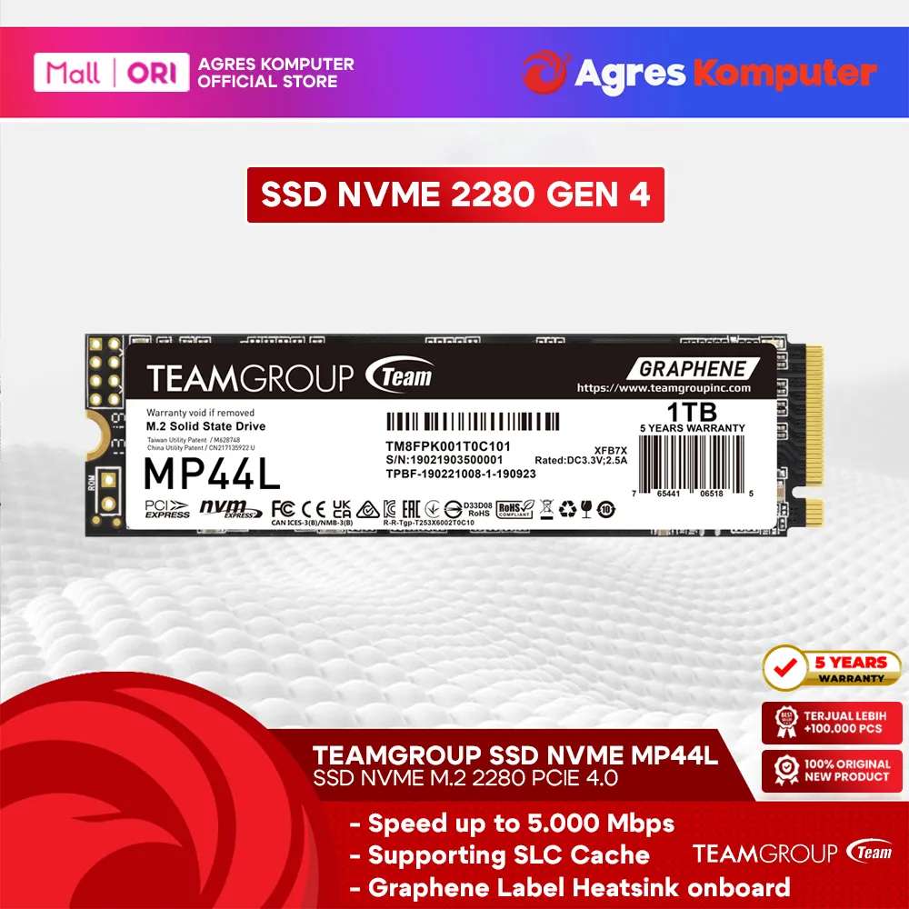 TEAM SSD NVME GEN4 MP44L 500GB 1TB PCIE 4.0 M.2 2280 5Y - UP TO 5000 MB/S