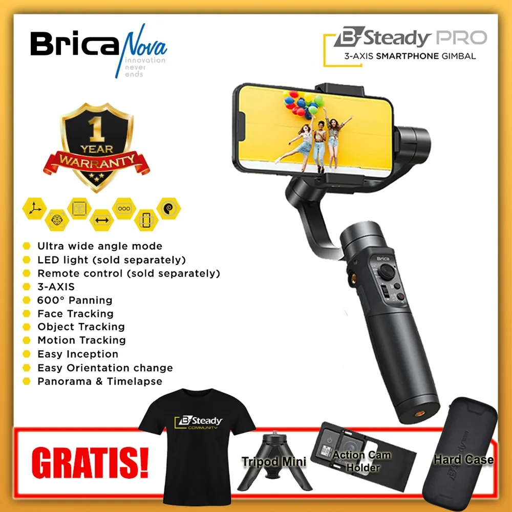 Brica B-Steady PRO - Smartphone & Action Cam Gimbal - Free T-Shirt + Tripod + ActionCam Holder - BSP3