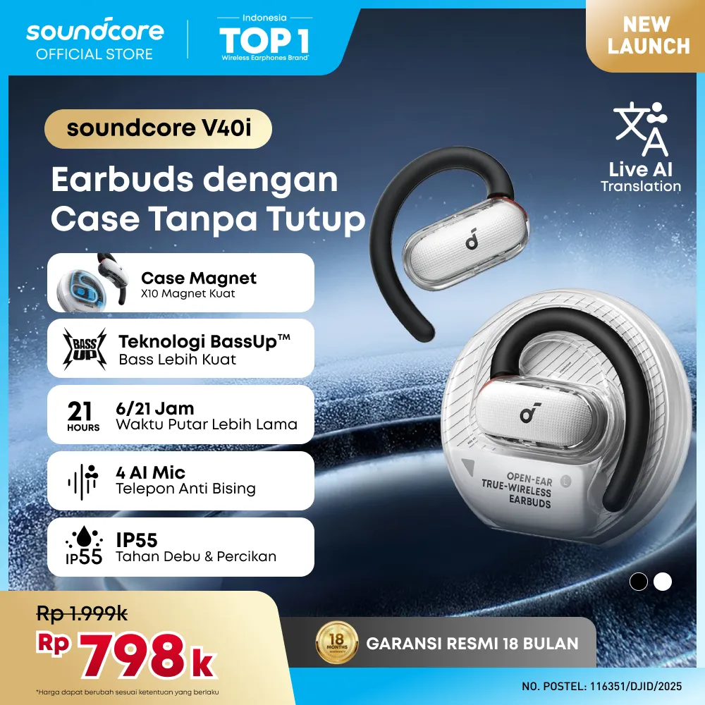 Soundcore V40i by Anker Open-Ear Headphones Clear Design Lidless Case, Wireless Earbuds with Adjustable Earhooks, 4 Adjustable Positions for Every Ear Size, Richer Bass IP55 21H Playtime, AI Clear Calls Bluetooth 5.4 - A3878
