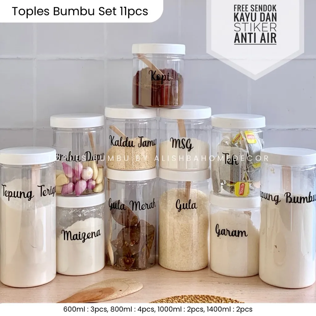 TOPLES BUMBU SET (11pcs) TUTUP PUTIH Plastik STIKER HITAM FREE STICKER WATERPROFF (Indonesia) dan SENDOK