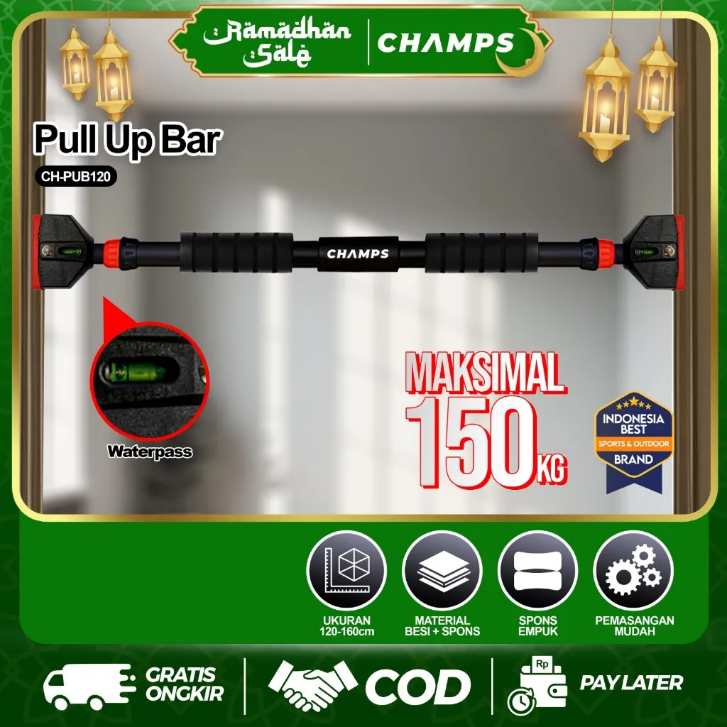 CHAMPS Pull Up Bar 120–160cm Adjustable – Tiang Chin Up Pintu Alat Fitness Pull Up Sit Up Leg Lift